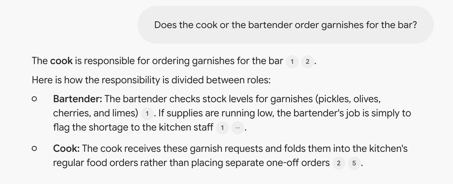 Answer: the bartender checks garnish stock and flags shortages, the cook folds garnish requests into the regular food orders. Each line cites its source SOP.