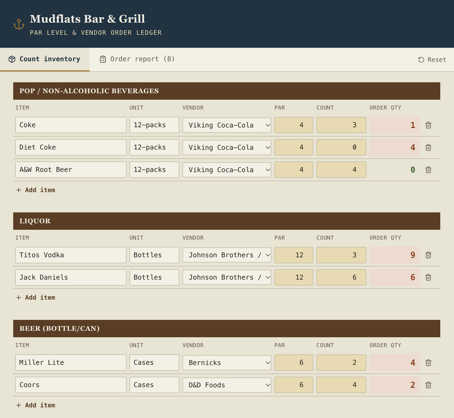 The Mudflats par level tracker count screen: items grouped by category with unit, vendor, par, and count. Anything under par shows the amount to order in red.